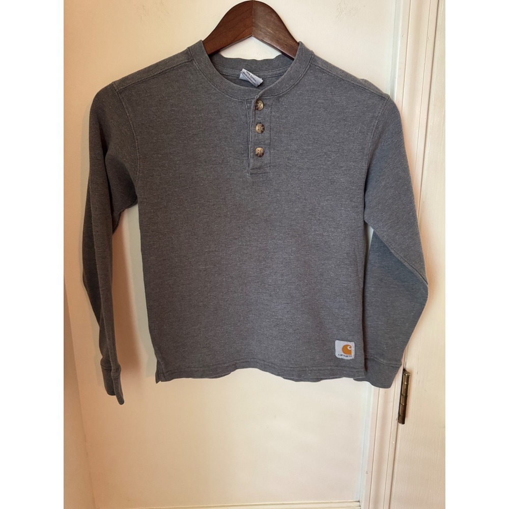 Carhartt Kids Gray Waffle Knit Henley Long Sleeve Shirt Size Small S 100% Cotton